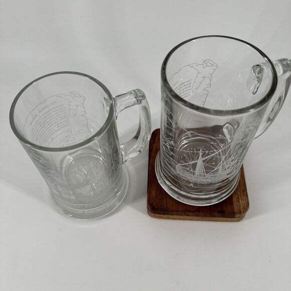 Beer Mugs 2 Nautical Etched Glass "The Nina" Columbus Voyage VTG 5.5” T Barware - Picture 8 of 12